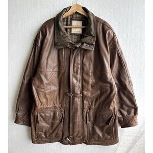 VTG 90s 212 Degrees Minerals 100% Leather Jacket Plaid Blanket Lining Men's XL